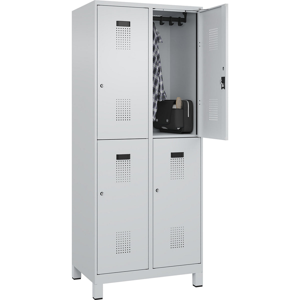 Evolo PLUS double deck clothes locker, 2 compartments, light grey, W 800 mm, with wide feet, cylinder lock.