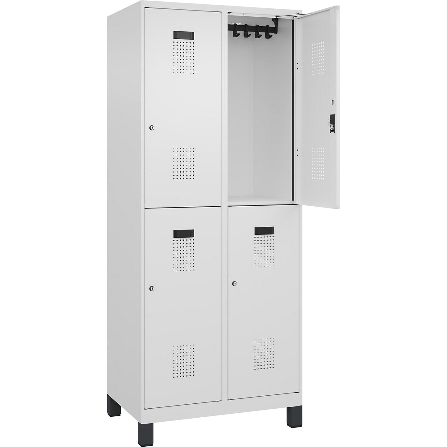 Evolo PLUS double deck clothes locker, 2 compartments, traffic white, W 800 mm, with wide feet, cylinder lock.
