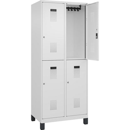 Evolo PLUS double deck clothes locker, 2 compartments, traffic white, W 800 mm, with wide feet, cylinder lock.