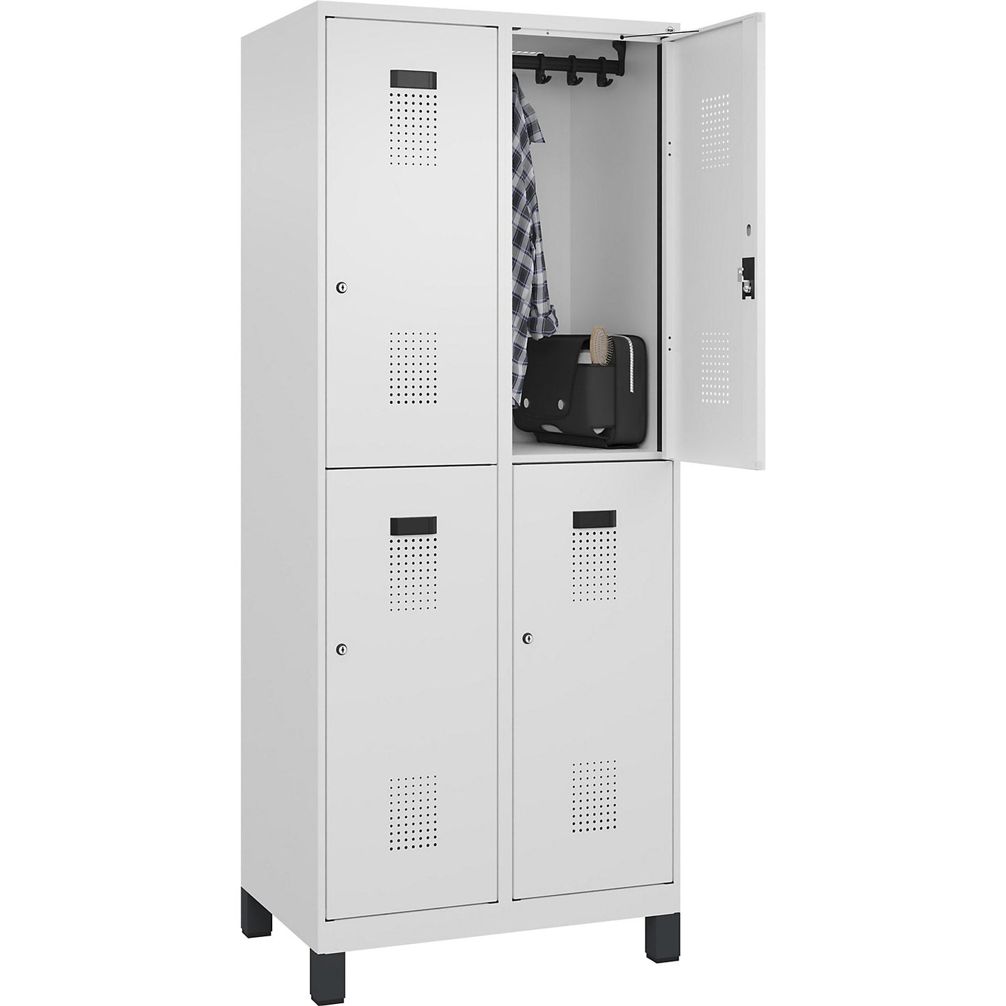 Evolo PLUS double deck clothes locker, 2 compartments, traffic white, W 800 mm, with wide feet, cylinder lock.