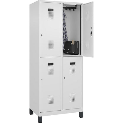 Evolo PLUS double deck clothes locker, 2 compartments, traffic white, W 800 mm, with wide feet, cylinder lock.