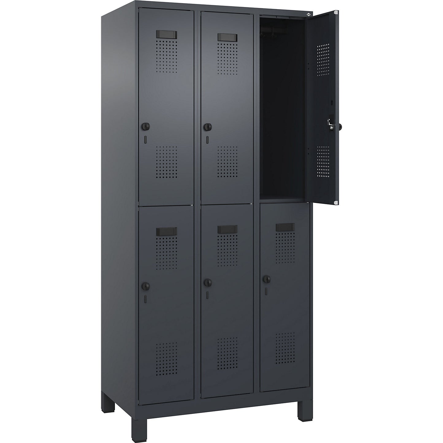 Evolo PLUS double deck clothes locker, 3 compartments, grey, W 900 mm, with wide feet, rotary bolt.