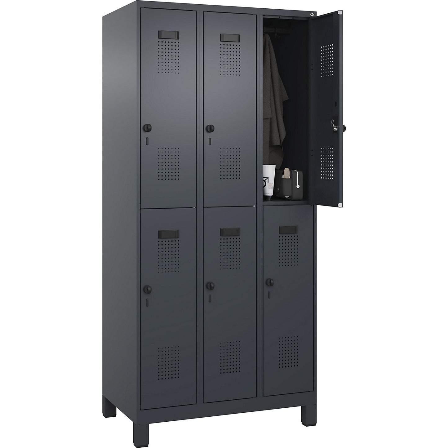 Evolo PLUS double deck clothes locker, 3 compartments, grey, W 900 mm, with wide feet, rotary bolt.