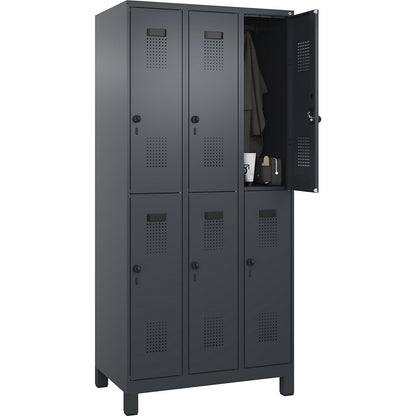 Evolo PLUS double deck clothes locker, 3 compartments, grey, W 900 mm, with wide feet, rotary bolt.