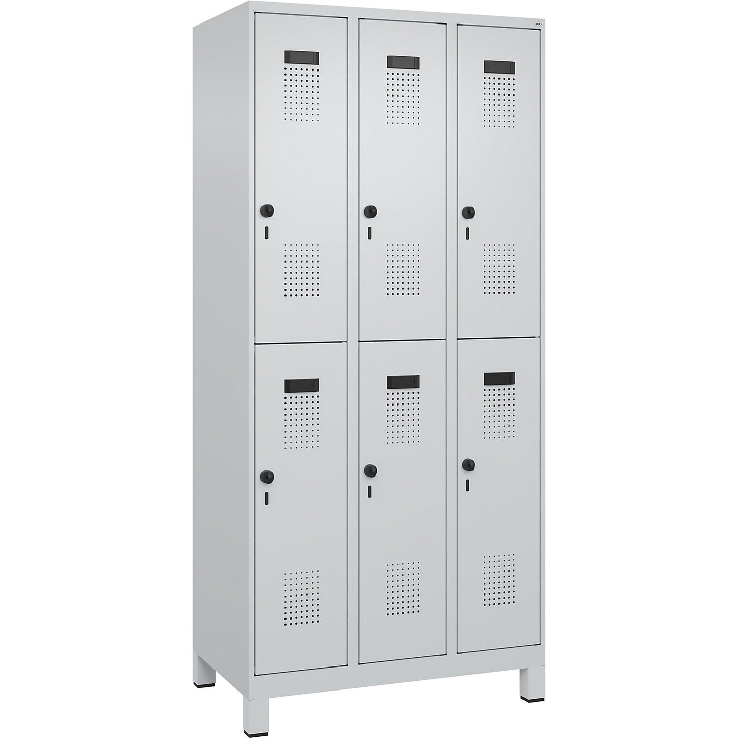Evolo PLUS double deck clothes locker, 3 compartments, light grey, W 900 mm, with wide feet, rotary bolt.