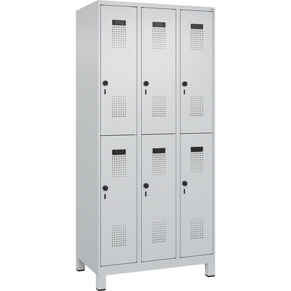 Evolo PLUS double deck clothes locker, 3 compartments, light grey, W 900 mm, with wide feet, rotary bolt.