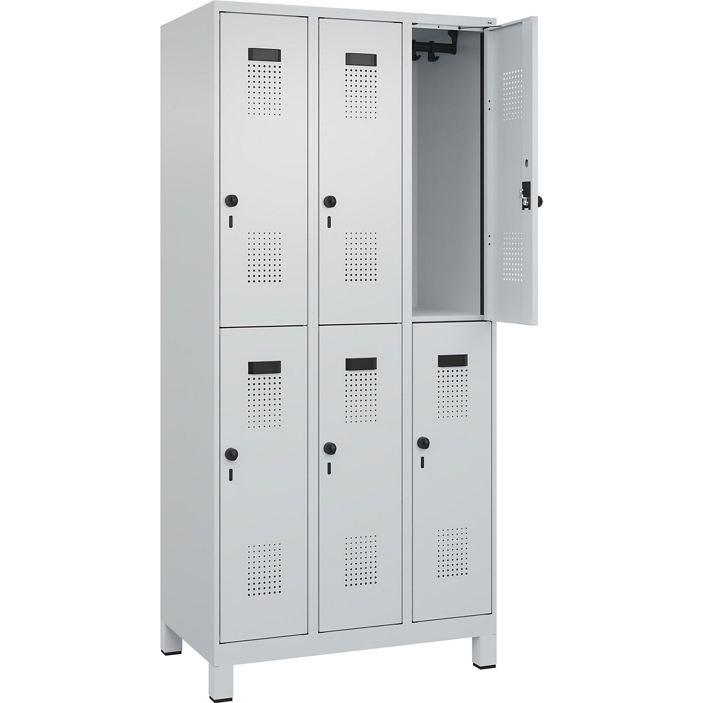 Evolo PLUS double deck clothes locker, 3 compartments, light grey, W 900 mm, with wide feet, rotary bolt.