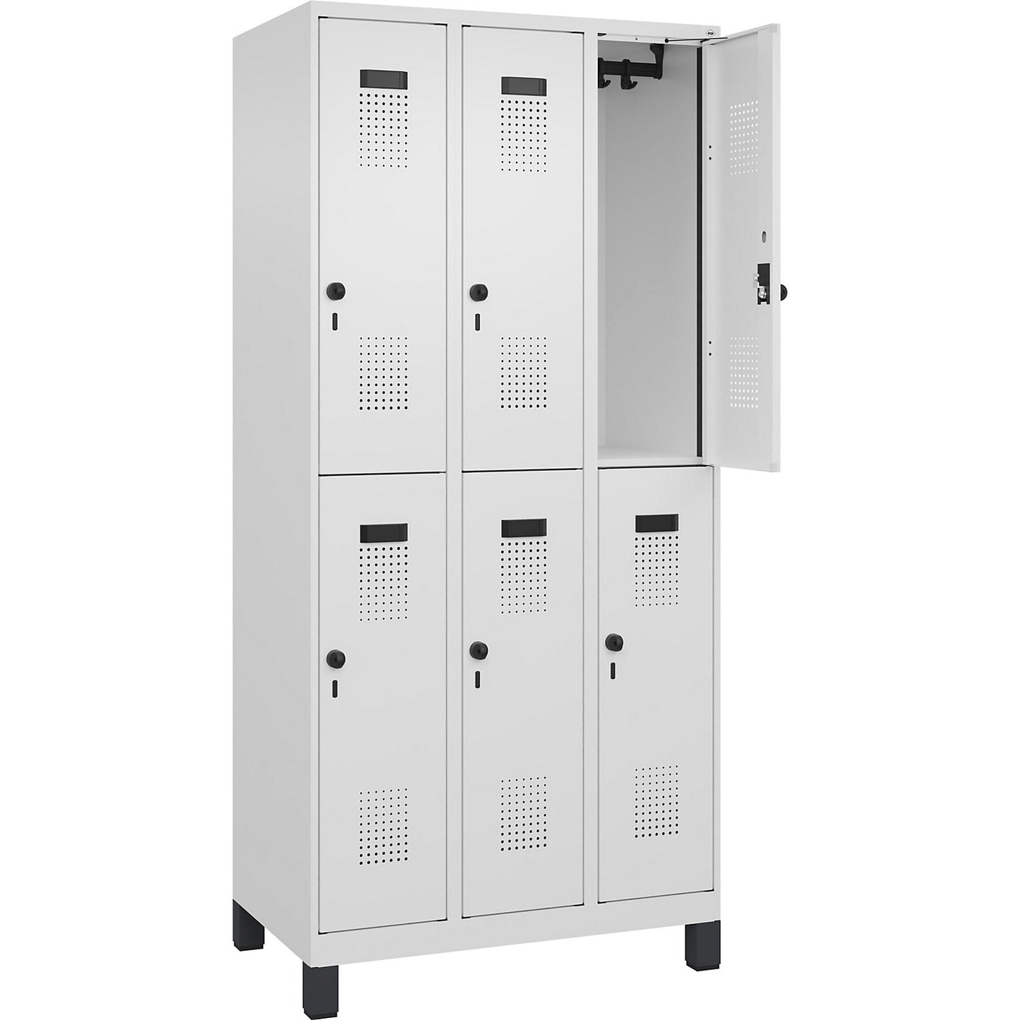 Evolo PLUS double deck clothes locker, 3 compartments, traffic white, W 900 mm, with wide feet, rotary bolt.