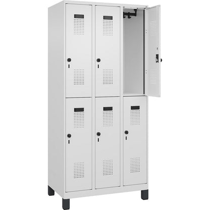 Evolo PLUS double deck clothes locker, 3 compartments, traffic white, W 900 mm, with wide feet, rotary bolt.