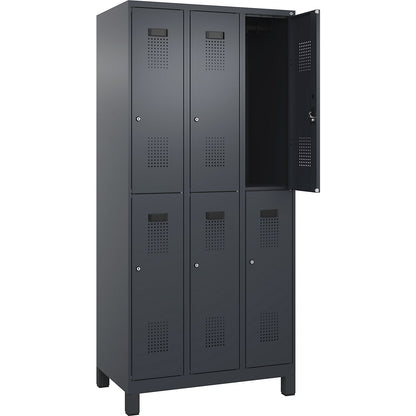 Evolo PLUS double deck clothes locker, 3 compartments, grey, W 900 mm, with wide feet, cylinder lock.