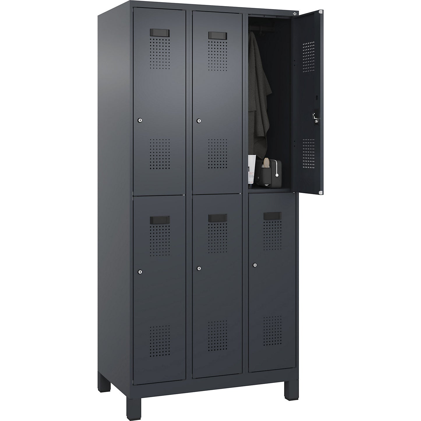 Evolo PLUS double deck clothes locker, 3 compartments, grey, W 900 mm, with wide feet, cylinder lock.