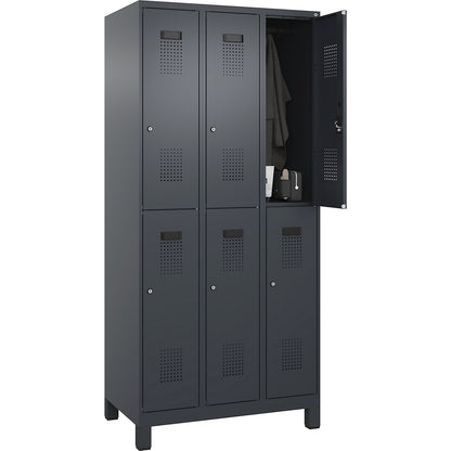 Evolo PLUS double deck clothes locker, 3 compartments, grey, W 900 mm, with wide feet, cylinder lock.