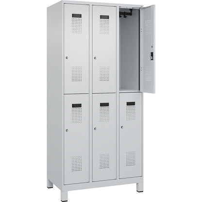 Evolo PLUS double deck clothes locker, 3 compartments, light grey, W 900 mm, with wide feet, cylinder lock.
