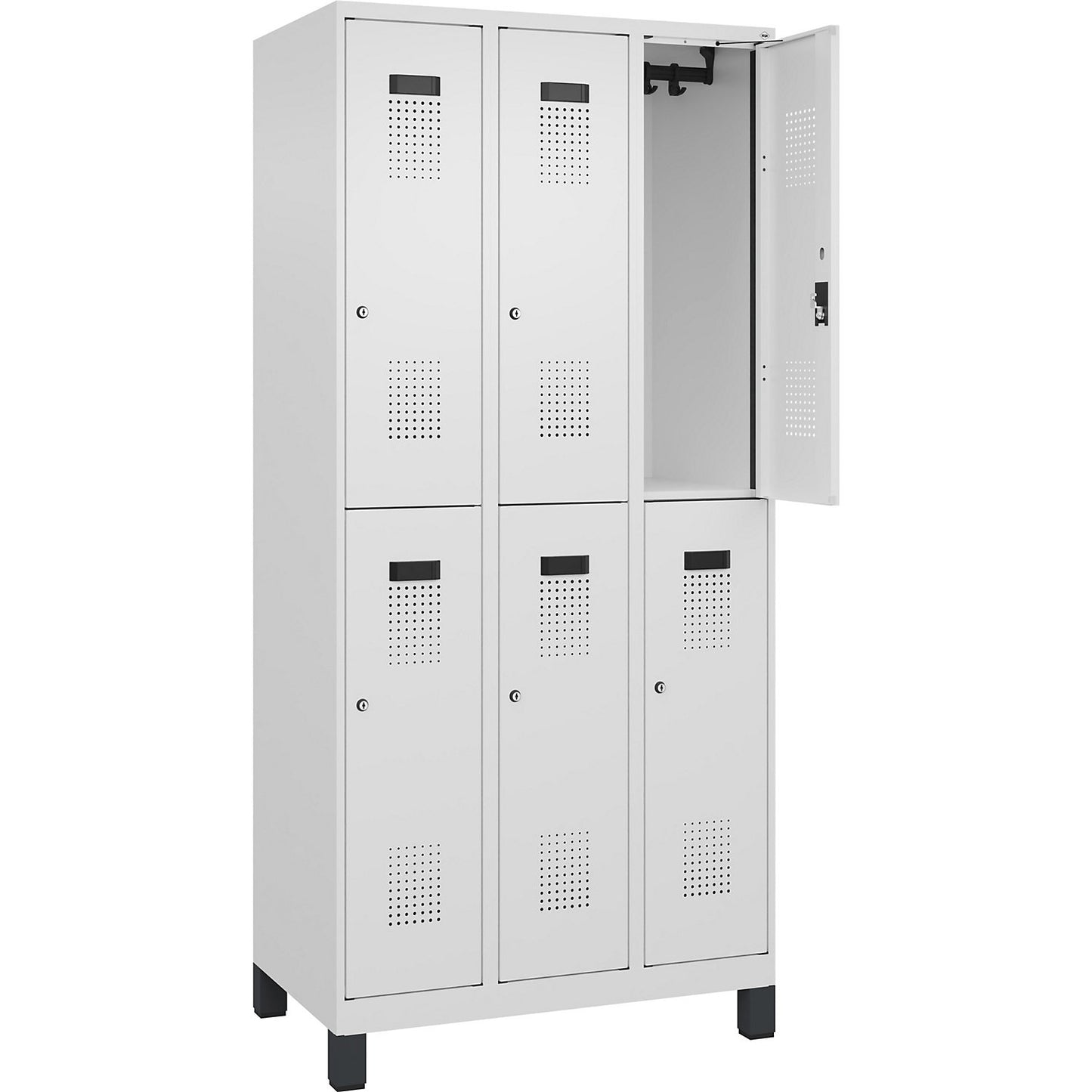 Evolo PLUS double deck clothes locker, 3 compartments, traffic white, W 900 mm, with wide feet, cylinder lock.