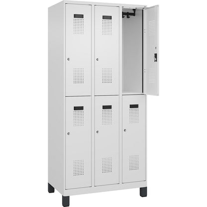 Evolo PLUS double deck clothes locker, 3 compartments, traffic white, W 900 mm, with wide feet, cylinder lock.