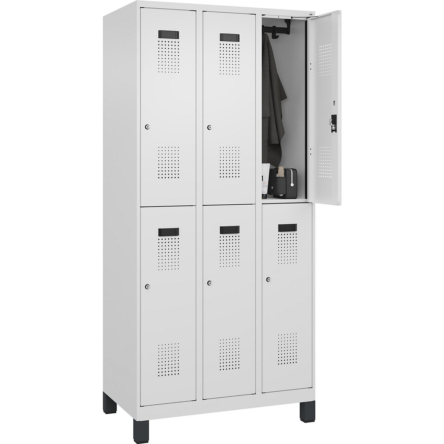 Evolo PLUS double deck clothes locker, 3 compartments, traffic white, W 900 mm, with wide feet, cylinder lock.