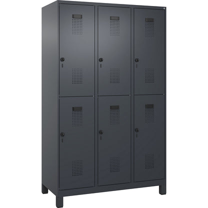 Evolo PLUS double deck clothes locker, 3 compartments, grey, W 1200 mm, with wide feet, rotary bolt.