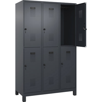 Evolo PLUS double deck clothes locker, 3 compartments, grey, W 1200 mm, with wide feet, rotary bolt.