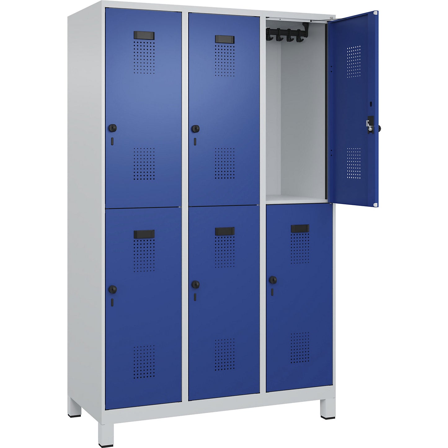 Evolo PLUS double deck clothes locker, 3 compartments, light grey / gentian blue, W 1200 mm, with wide feet, rotary bolt.