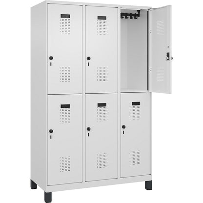 Evolo PLUS double deck clothes locker, 3 compartments, traffic white, W 1200 mm, with wide feet, rotary bolt.