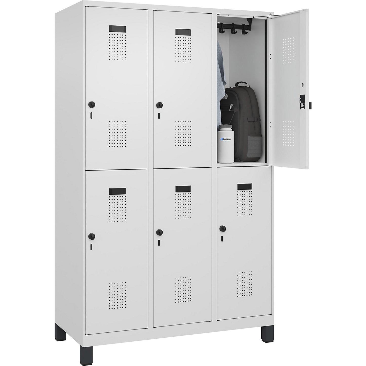 Evolo PLUS double deck clothes locker, 3 compartments, traffic white, W 1200 mm, with wide feet, rotary bolt.