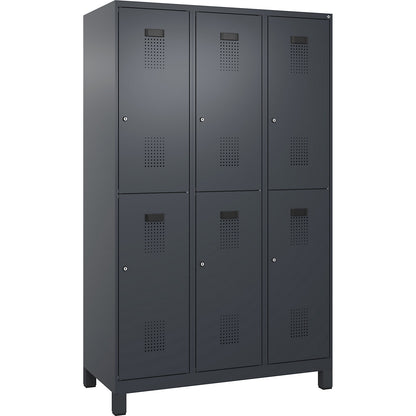 Evolo PLUS double deck clothes locker, 3 compartments, grey, W 1200 mm, with wide feet, cylinder lock.