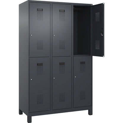 Evolo PLUS double deck clothes locker, 3 compartments, grey, W 1200 mm, with wide feet, cylinder lock.