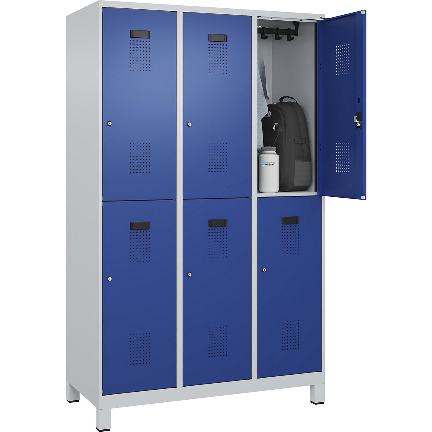 Evolo PLUS double deck clothes locker, 3 compartments, light grey / gentian blue, W 1200 mm, with wide feet, cylinder lock.