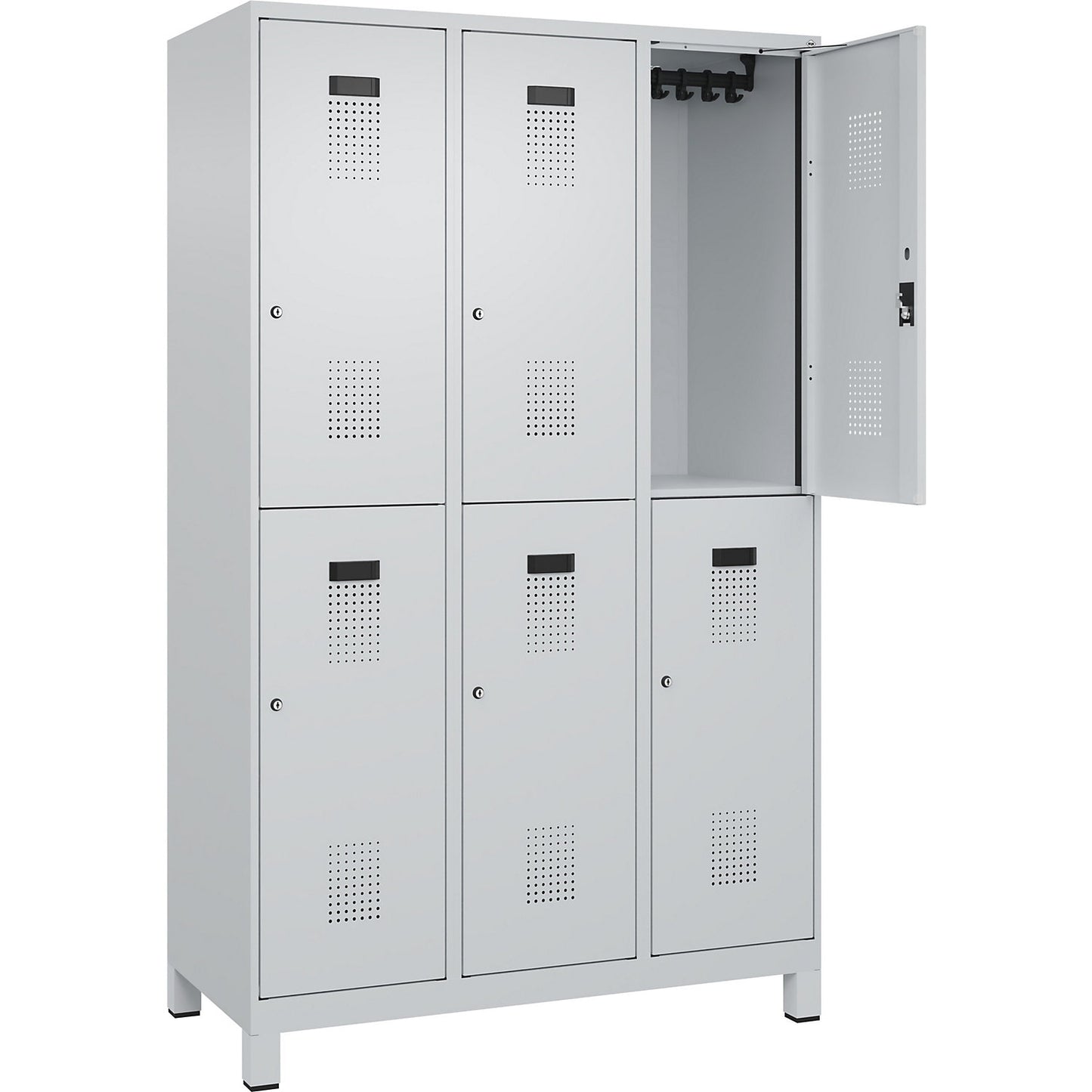 Evolo PLUS double deck clothes locker, 3 compartments, light grey, W 1200 mm, with wide feet, cylinder lock.