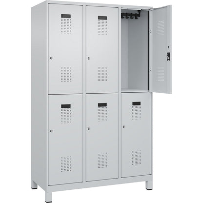 Evolo PLUS double deck clothes locker, 3 compartments, light grey, W 1200 mm, with wide feet, cylinder lock.