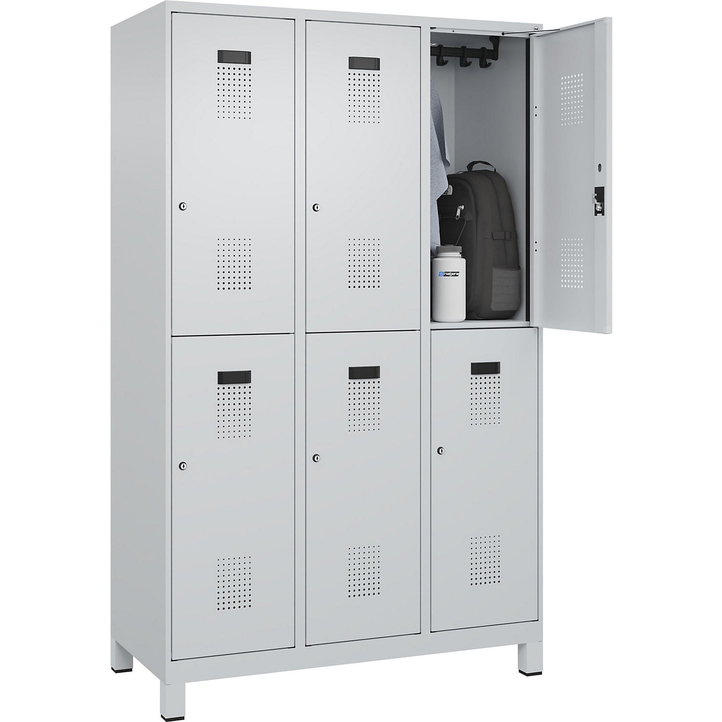 Evolo PLUS double deck clothes locker, 3 compartments, light grey, W 1200 mm, with wide feet, cylinder lock.