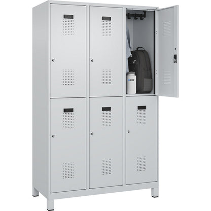 Evolo PLUS double deck clothes locker, 3 compartments, light grey, W 1200 mm, with wide feet, cylinder lock.