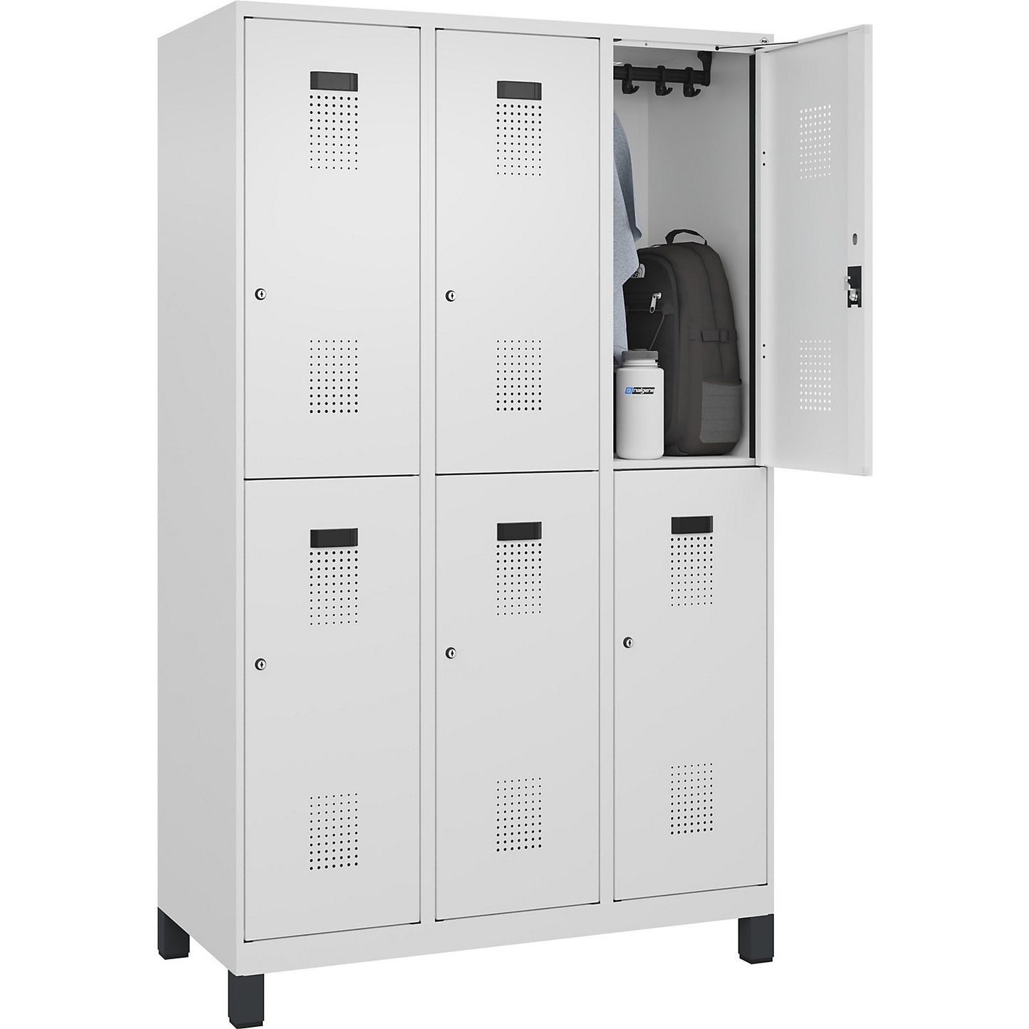Evolo PLUS double deck clothes locker, 3 compartments, traffic white, W 1200 mm, with wide feet, cylinder lock.