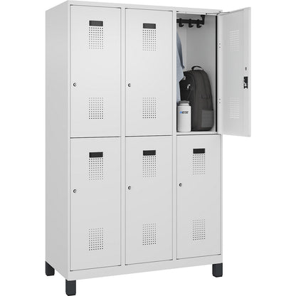 Evolo PLUS double deck clothes locker, 3 compartments, traffic white, W 1200 mm, with wide feet, cylinder lock.