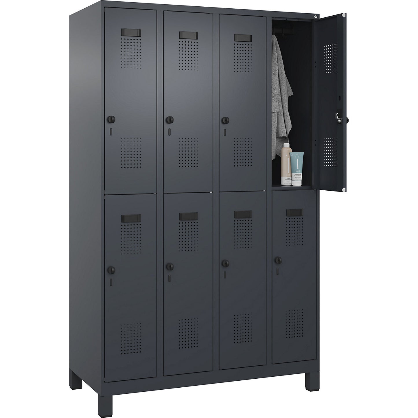 Evolo PLUS double deck clothes locker, 4 compartments, grey, W 1200 mm, with wide feet, rotary bolt.