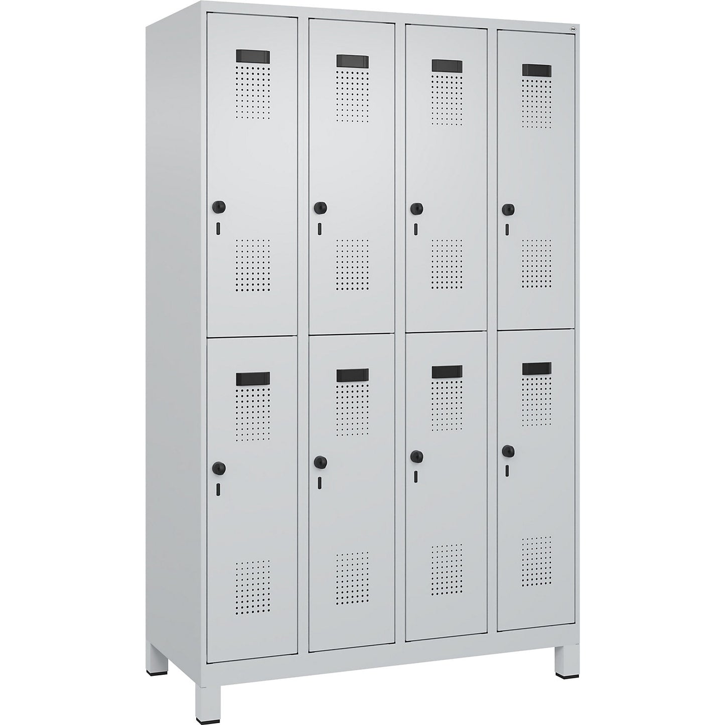 Evolo PLUS double deck clothes locker, 4 compartments, light grey, W 1200 mm, with wide feet, rotary bolt.