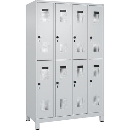 Evolo PLUS double deck clothes locker, 4 compartments, light grey, W 1200 mm, with wide feet, rotary bolt.