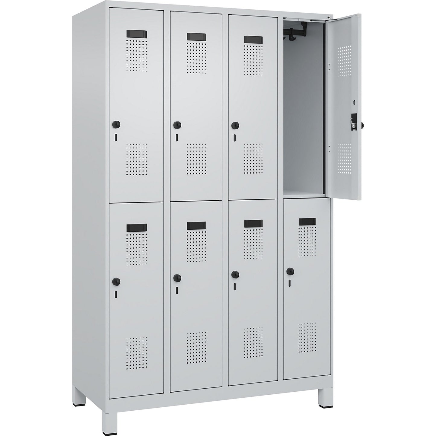 Evolo PLUS double deck clothes locker, 4 compartments, light grey, W 1200 mm, with wide feet, rotary bolt.