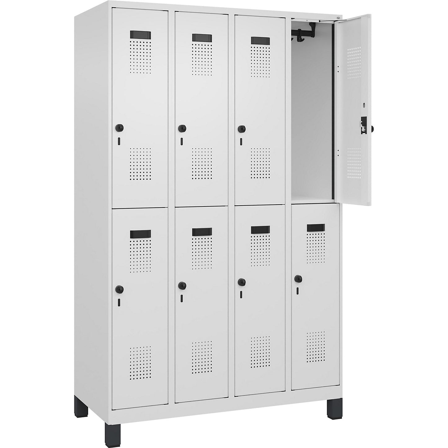 Evolo PLUS double deck clothes locker, 4 compartments, traffic white, W 1200 mm, with wide feet, rotary bolt.