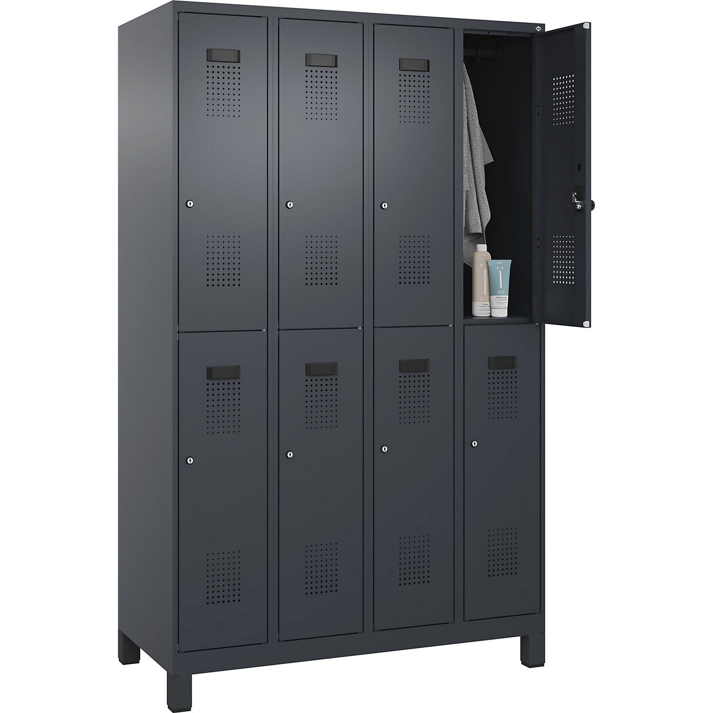 Evolo PLUS double deck clothes locker, 4 compartments, grey, W 1200 mm, with wide feet, cylinder lock.