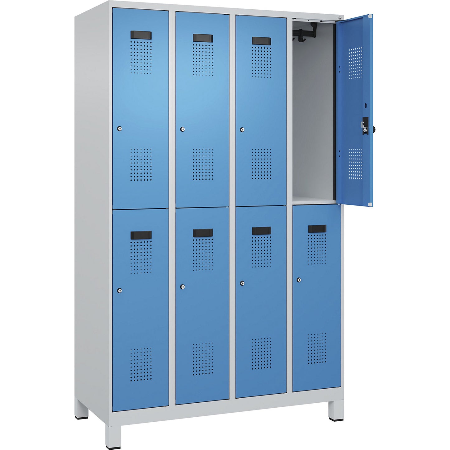 Evolo PLUS double deck clothes locker, 4 compartments, light grey / light blue, W 1200 mm, with wide feet, cylinder lock.