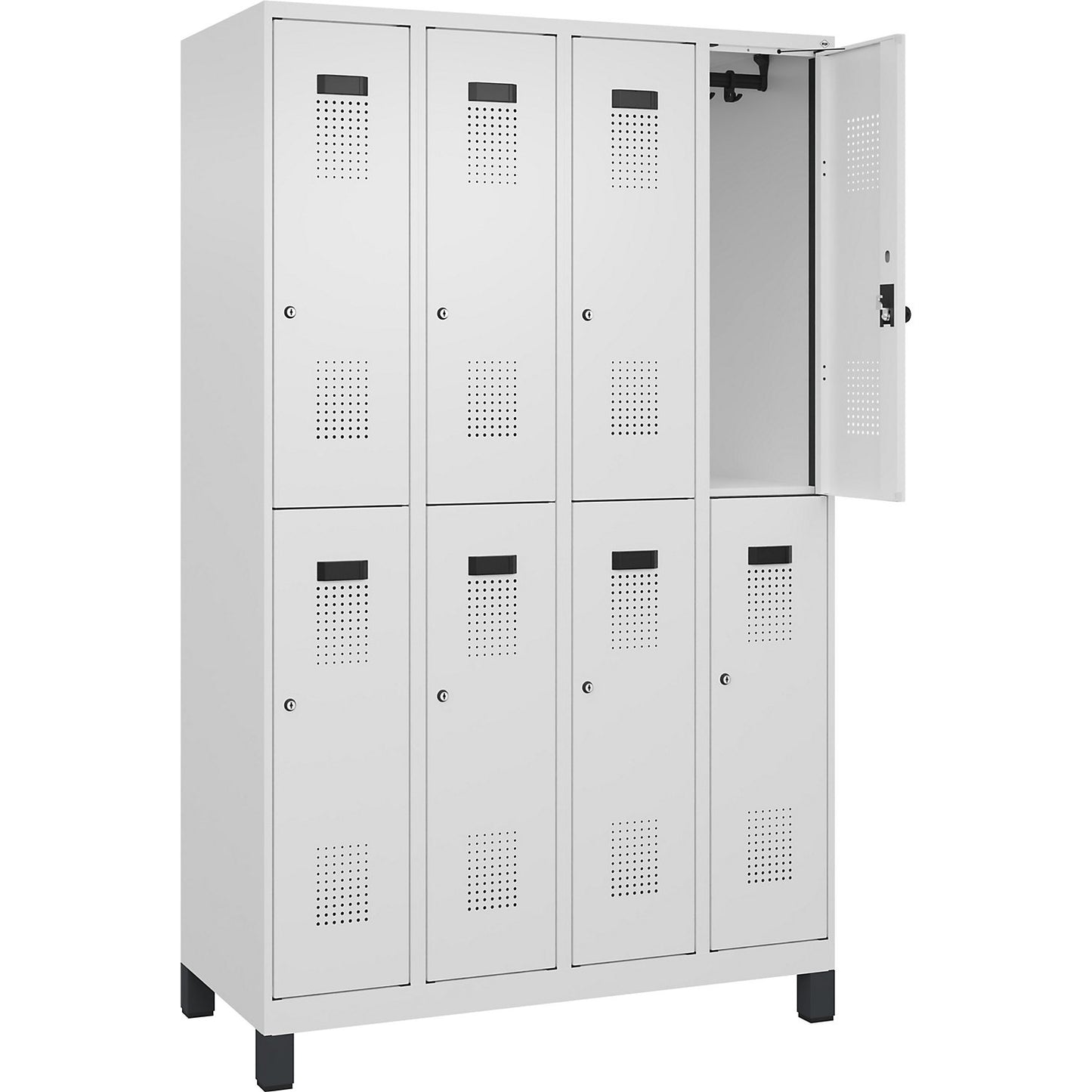 Evolo PLUS double deck clothes locker, 4 compartments, traffic white, W 1200 mm, with wide feet, cylinder lock.