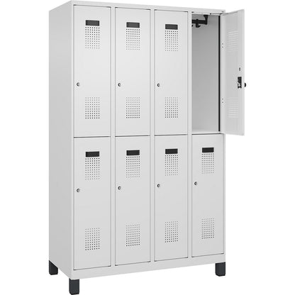 Evolo PLUS double deck clothes locker, 4 compartments, traffic white, W 1200 mm, with wide feet, cylinder lock.