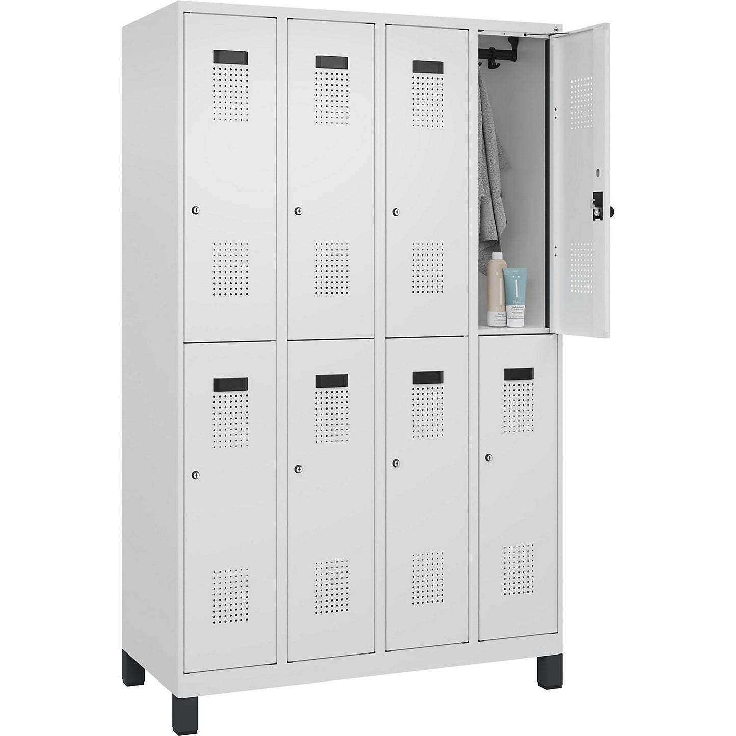 Evolo PLUS double deck clothes locker, 4 compartments, traffic white, W 1200 mm, with wide feet, cylinder lock.