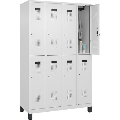 Evolo PLUS double deck clothes locker, 4 compartments, traffic white, W 1200 mm, with wide feet, cylinder lock.