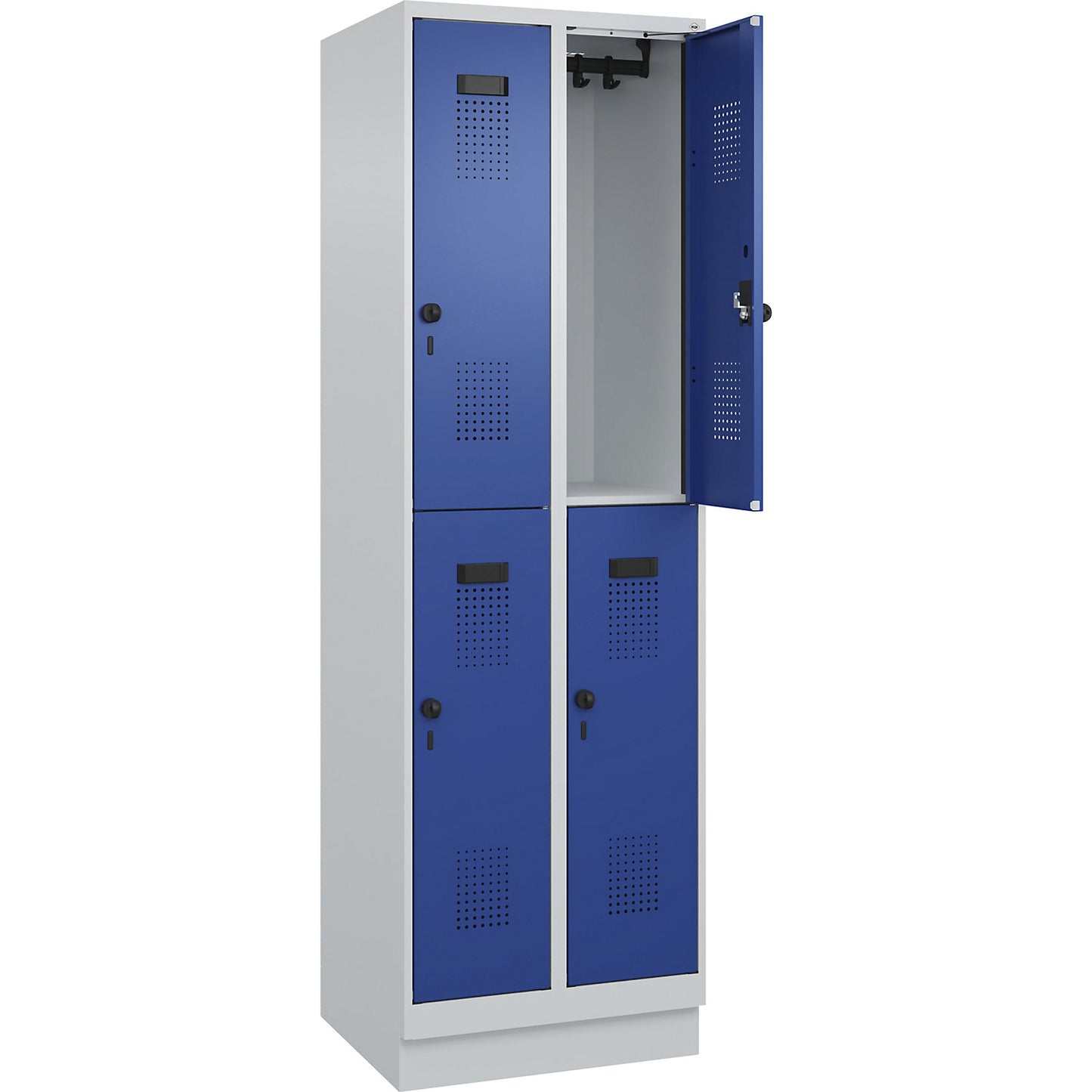 Evolo PLUS double deck clothes locker, 2 compartments, light grey / gentian blue, W 600 mm, with base plinth, rotary bolt.
