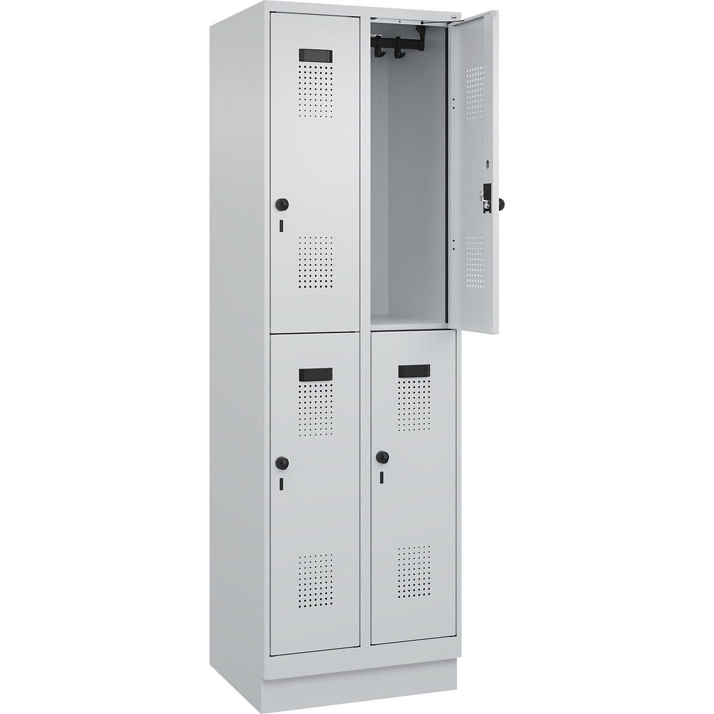 Evolo PLUS double deck clothes locker, 2 compartments, light grey, W 600 mm, with base plinth, rotary bolt.
