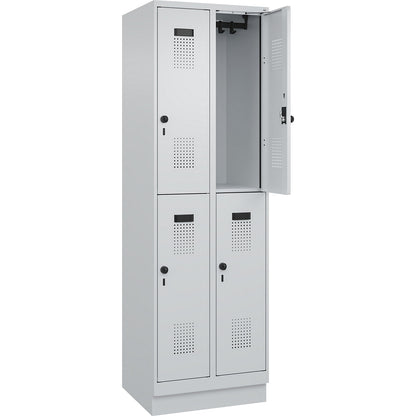 Evolo PLUS double deck clothes locker, 2 compartments, light grey, W 600 mm, with base plinth, rotary bolt.