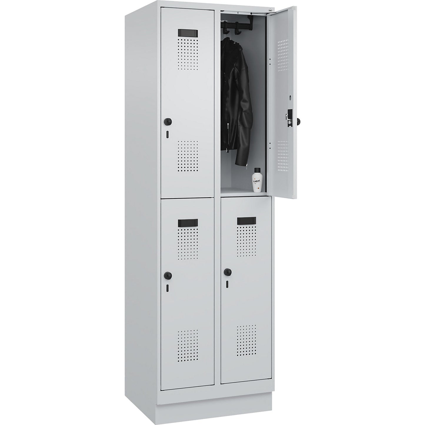 Evolo PLUS double deck clothes locker, 2 compartments, light grey, W 600 mm, with base plinth, rotary bolt.