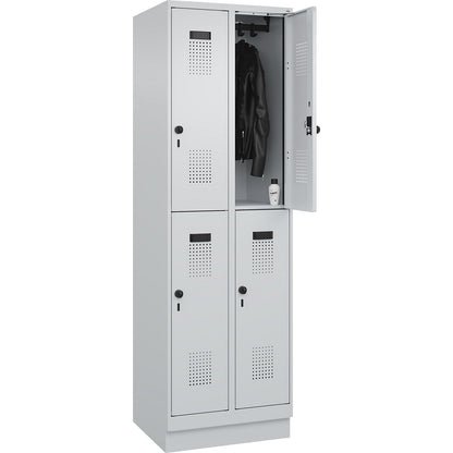 Evolo PLUS double deck clothes locker, 2 compartments, light grey, W 600 mm, with base plinth, rotary bolt.